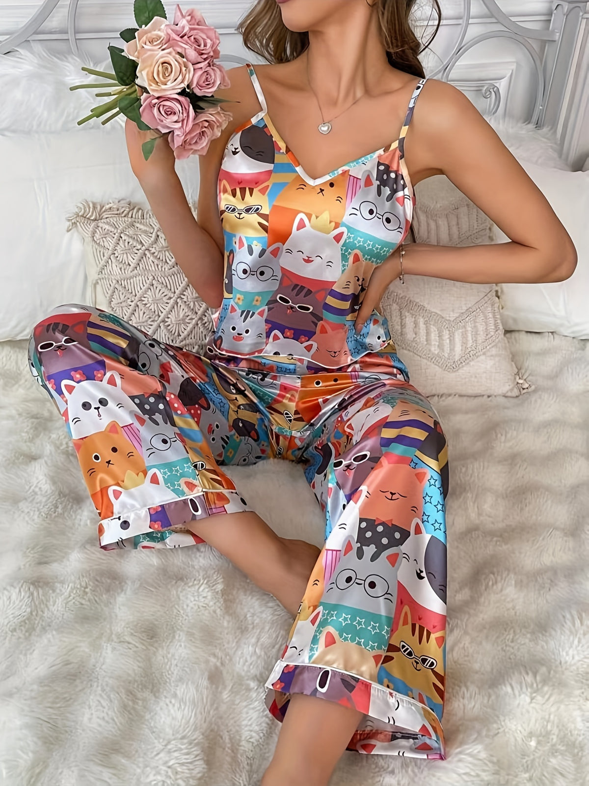 Pyjama Femme Long Pantalon + Crop Top Chatons en Satin | CozyCloud