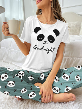 Pyjama Femme Long Pantalon + Chemise à Manches Courtes Panda Night en Coton | CozyCloud