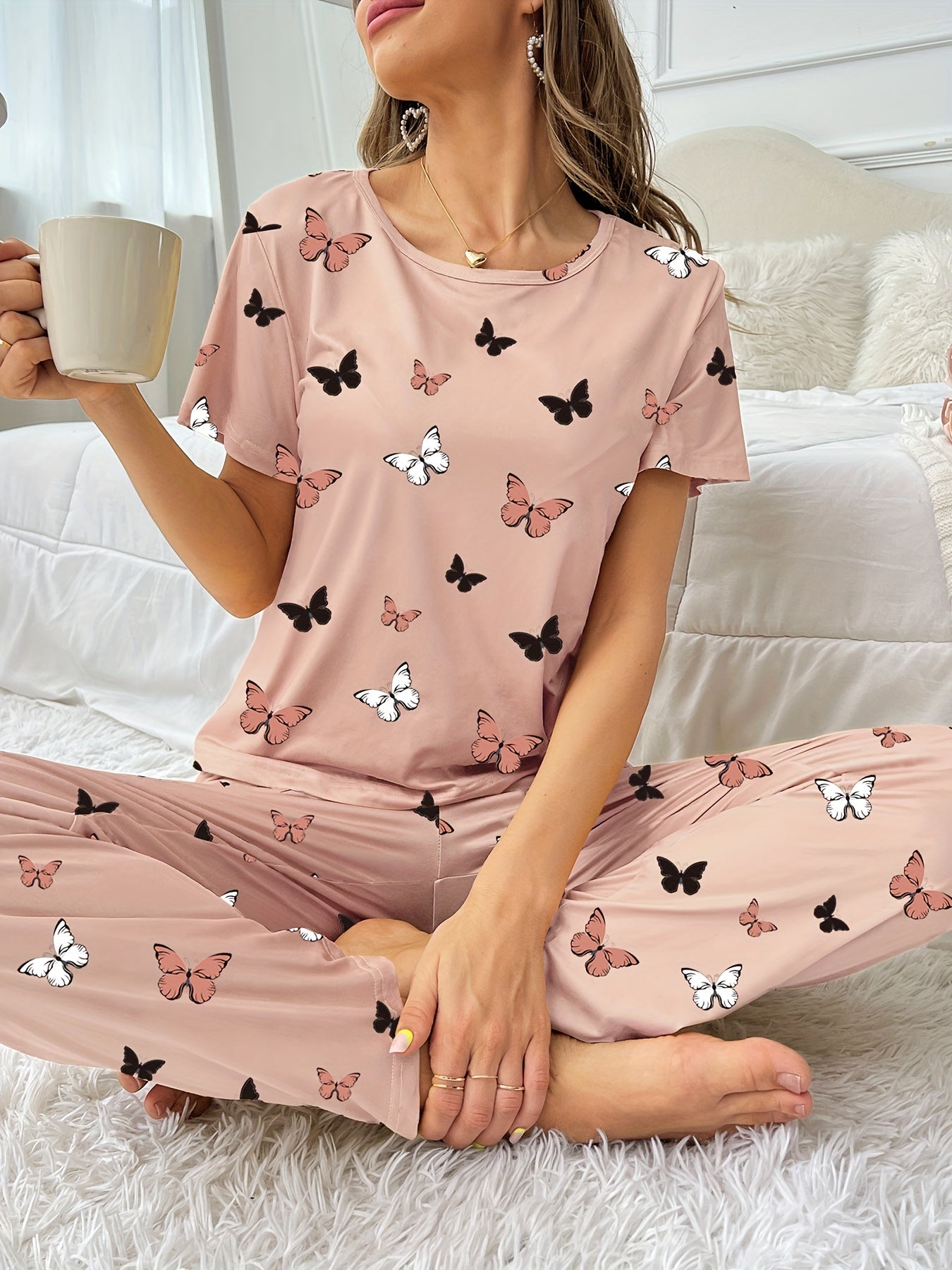 Pyjama Femme Long Pantalon + Chemise à Manches Courtes Papillons Petites en Coton | CozyCloud