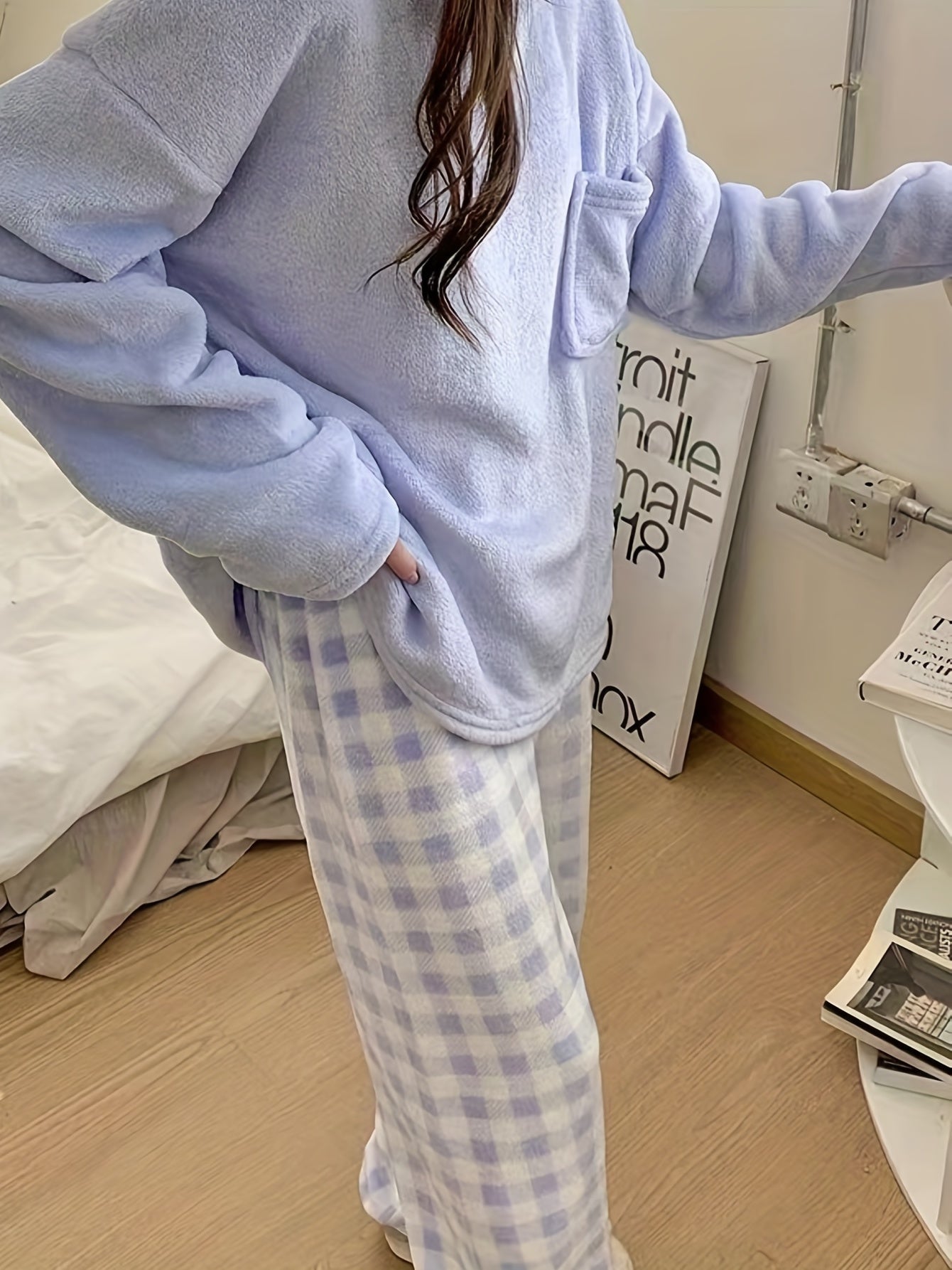 Pyjama Femme Long Pantalon + Blouse à Manches Longues en Peluche CarreauxColoré en Coton | CozyCloud