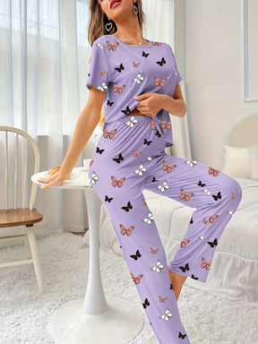 Pyjama Femme Long Pantalon + Chemise à Manches Courtes Papillons Petites en Coton | CozyCloud