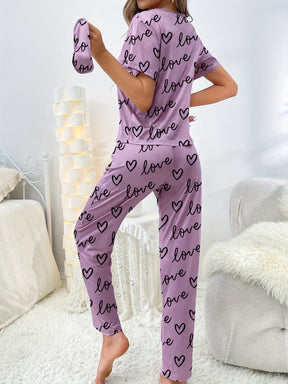 Pyjama Femme Long Pantalon + Chemise à Manches Courtes Love en Tissu Élastique | CozyCloud