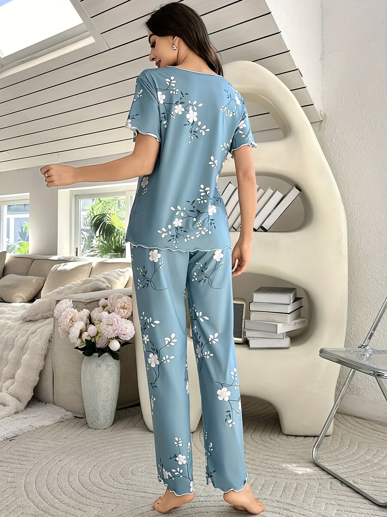 Pyjama Femme Long Pantalon + Chemise à Manches Courtes Élastiques Fleurs en Coton | CozyCloud