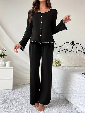 Pyjama Femme Long Pantalon + Chemise à Manches Longues Boutons Volantée en Satin | CozyCloud