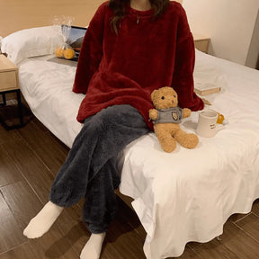 Pyjama Femme Long Pantalon + Blouse à Manches Longues en Peluche Combinaisons en Coton | CozyCloud