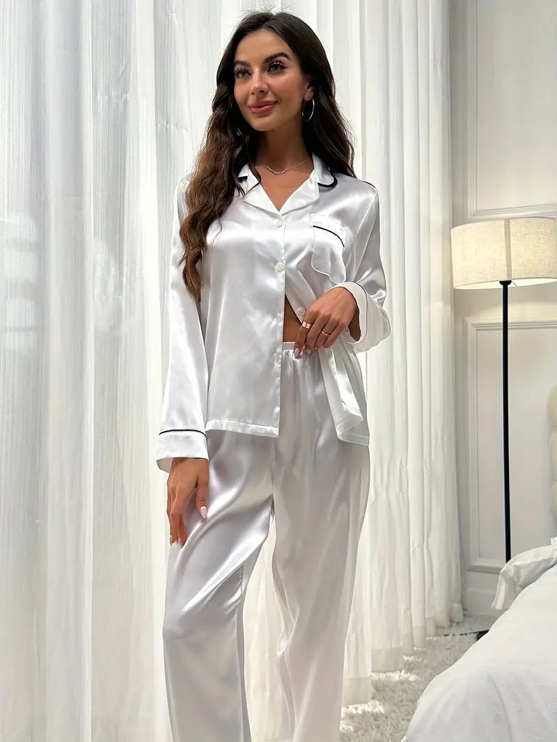 Pyjama Femme Long Pantalon + Chemise Manches Longues Américain B Vibrant en 100% Satin | CozyCloud