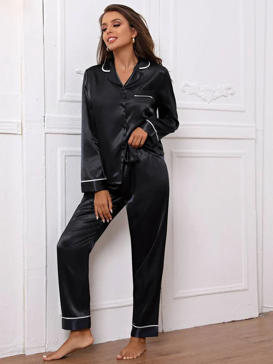 Pyjama Femme Long Pantalon + Chemisier Américain en Coton | CozyCloud