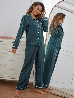 Pyjama Femme Long Pantalon + Chemisier Contraste en Satin | CozyCloud