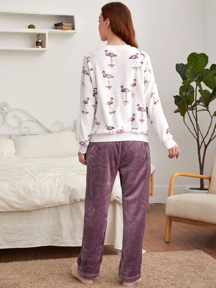 Pyjama Femme Long Pantalon + Chemisier Flamant Rose en 100% Coton | CozyCloud