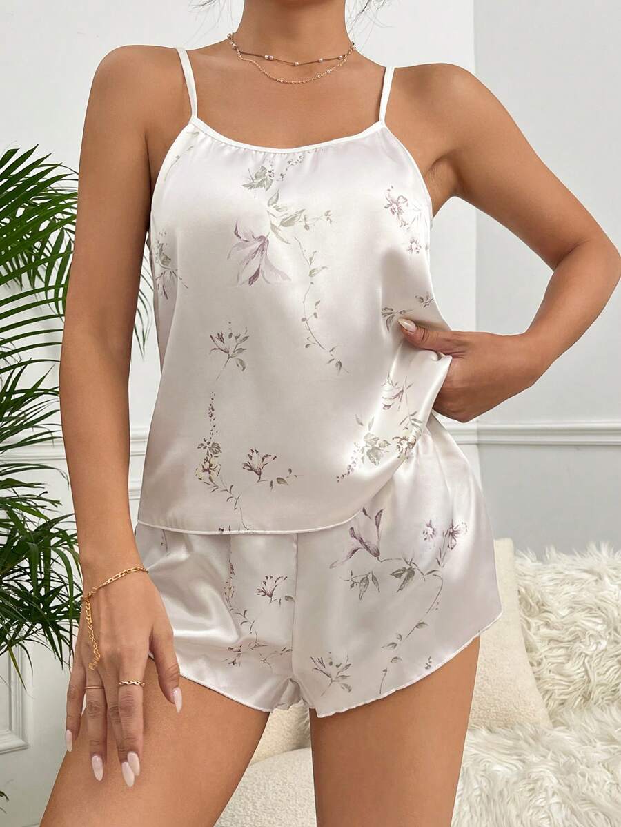 Pyjama Femme Courts Shorts + Débardeur FleurViolette en Satin | CozyCloud