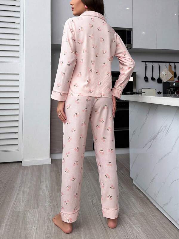 Pyjama Femme Long Pantalon + Chemisier Cerise en Coton | CozyCloud