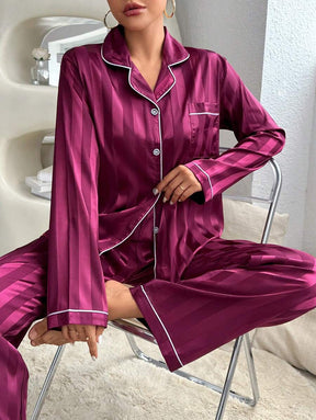 Pyjama Femme Long Pantalon + Chemisier Contraste en Satin | CozyCloud