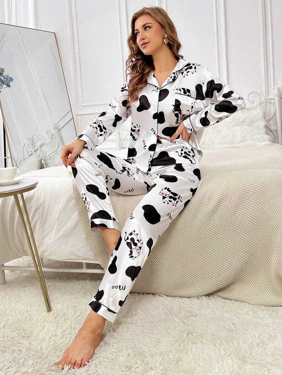 Pyjama Femme Long Pantalon + Chemisier Vache en Coton | CozyCloud