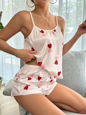 Pyjama Femme Courts Shorts + Débardeur Cœurs et Bonsai en Coton | CozyCloud