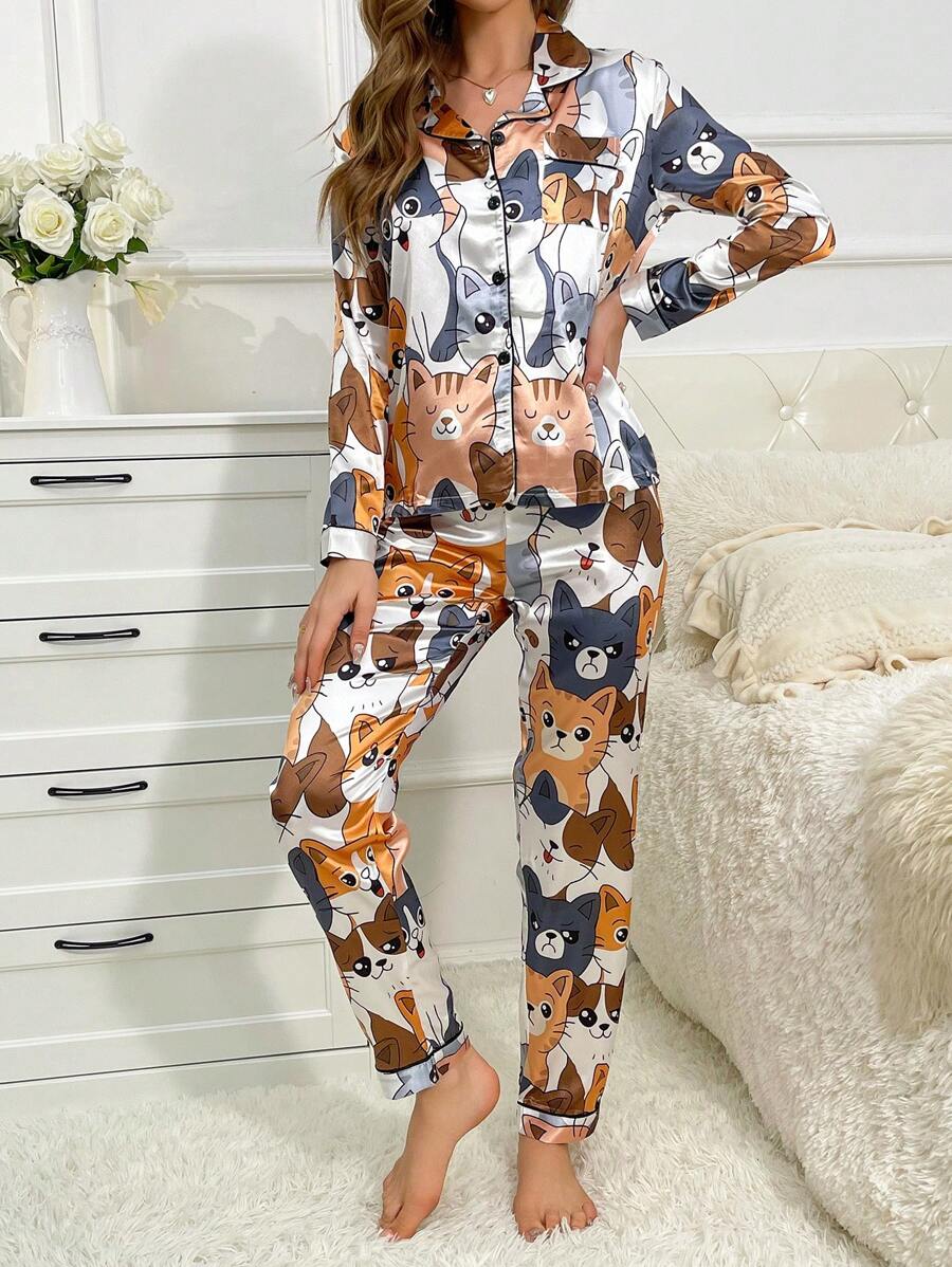 Pyjama Femme Long Pantalon + Chemisier Dessins animés en Satin | CozyCloud