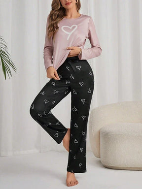 Pyjama Femme Long Pantalon + Chemisier Impression Cœurs en Coton | CozyCloud