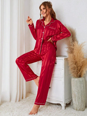 Pyjama Femme Long Pantalon + Chemisier Contraste en Satin | CozyCloud