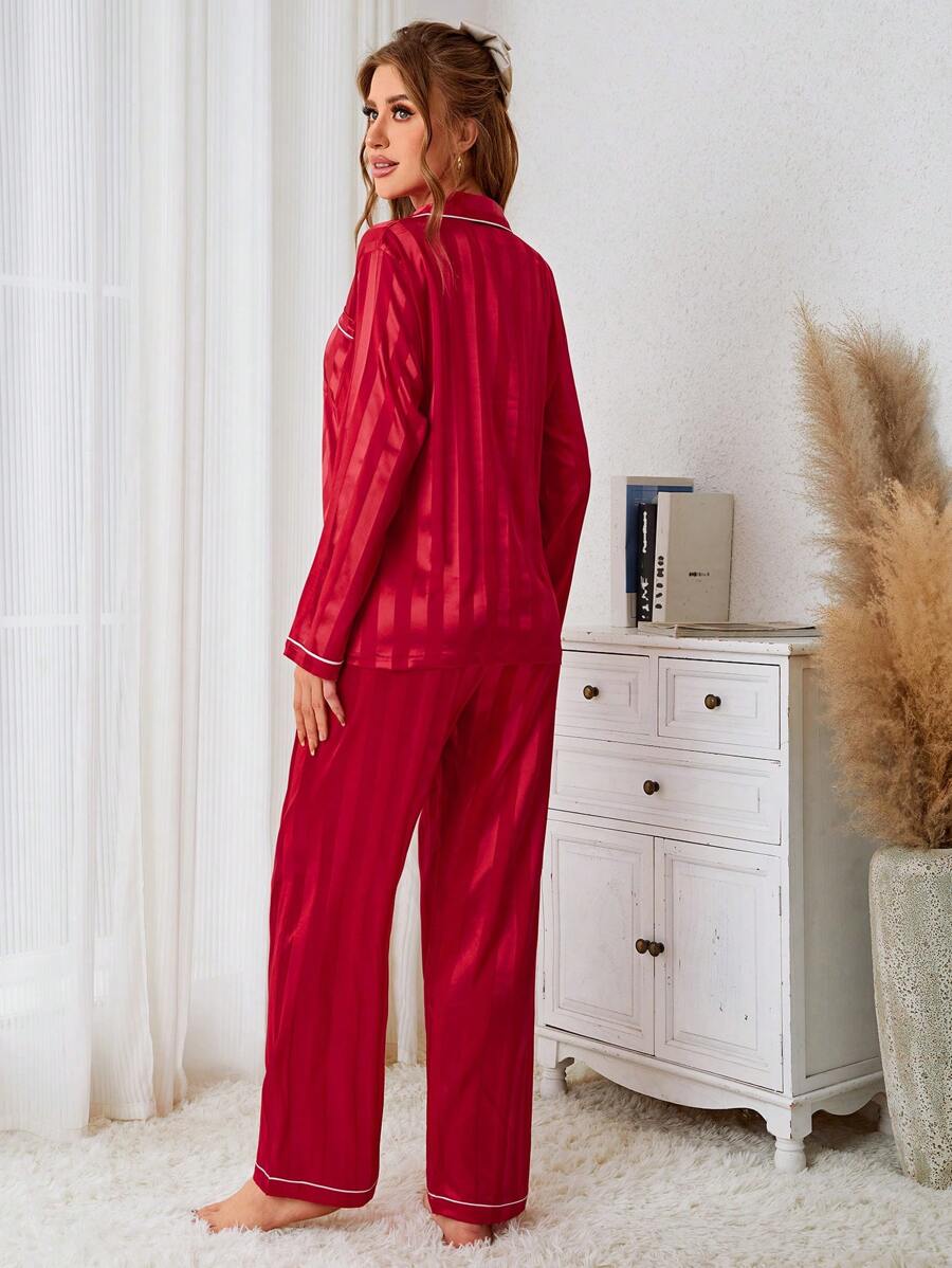 Pyjama Femme Long Pantalon + Chemisier Contraste en Satin | CozyCloud