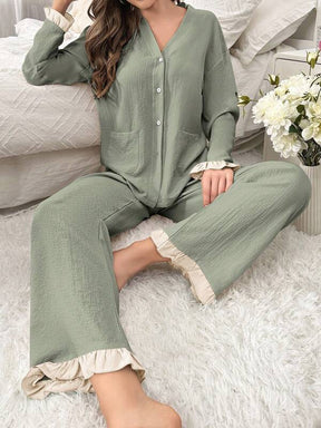 Pyjama Femme Long Pantalon + Chemisier Wood en Coton | CozyCloud