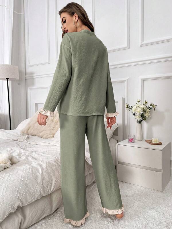 Pyjama Femme Long Pantalon + Chemisier Wood en Coton | CozyCloud