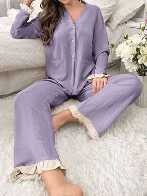 Pyjama Femme Long Pantalon + Chemisier Wood en Coton | CozyCloud