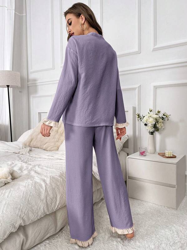 Pyjama Femme Long Pantalon + Chemisier Wood en Coton | CozyCloud