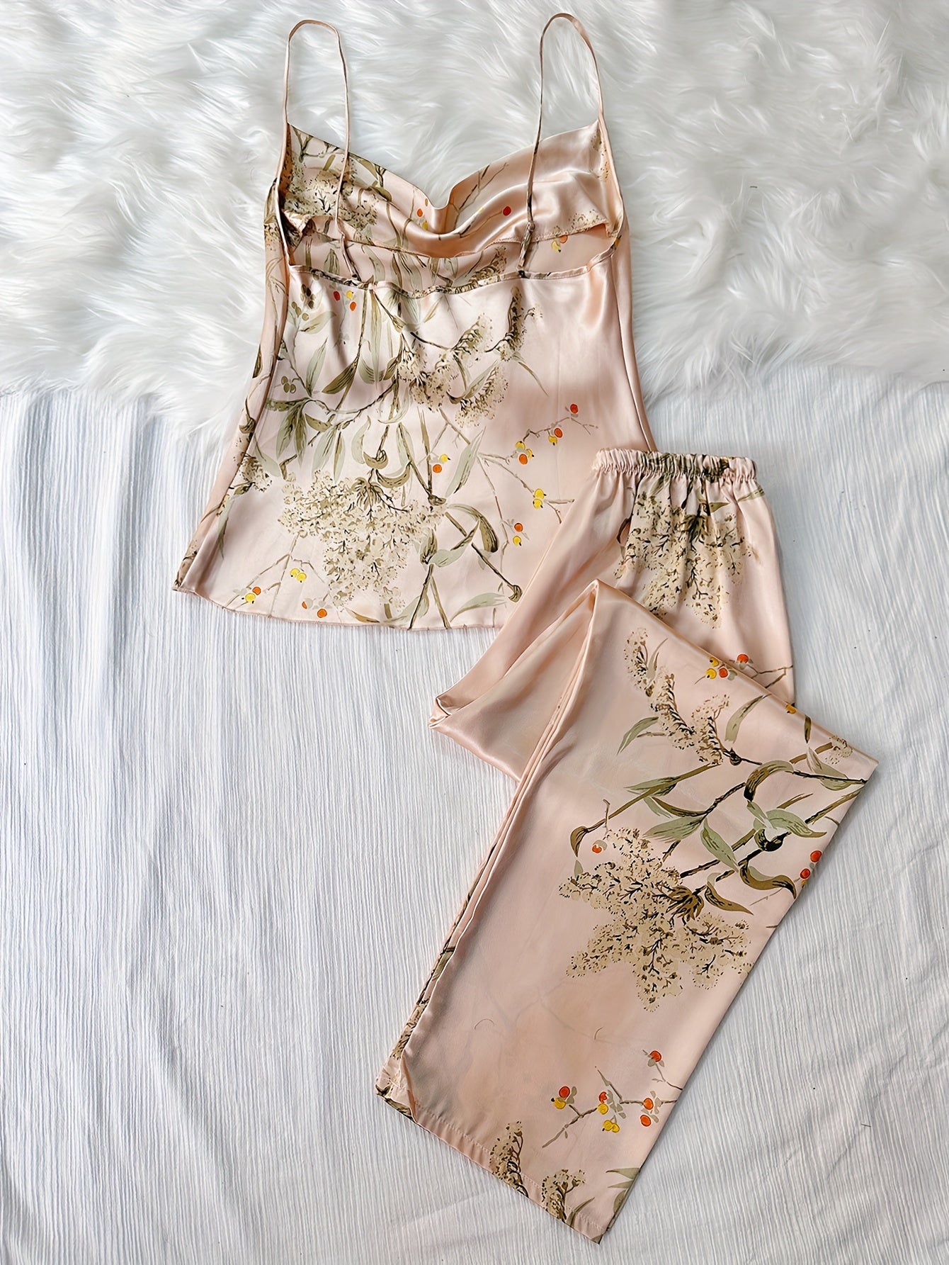 Pyjama Femme Long Pantalon + Débardeur DFleurs en Satin | CozyCloud