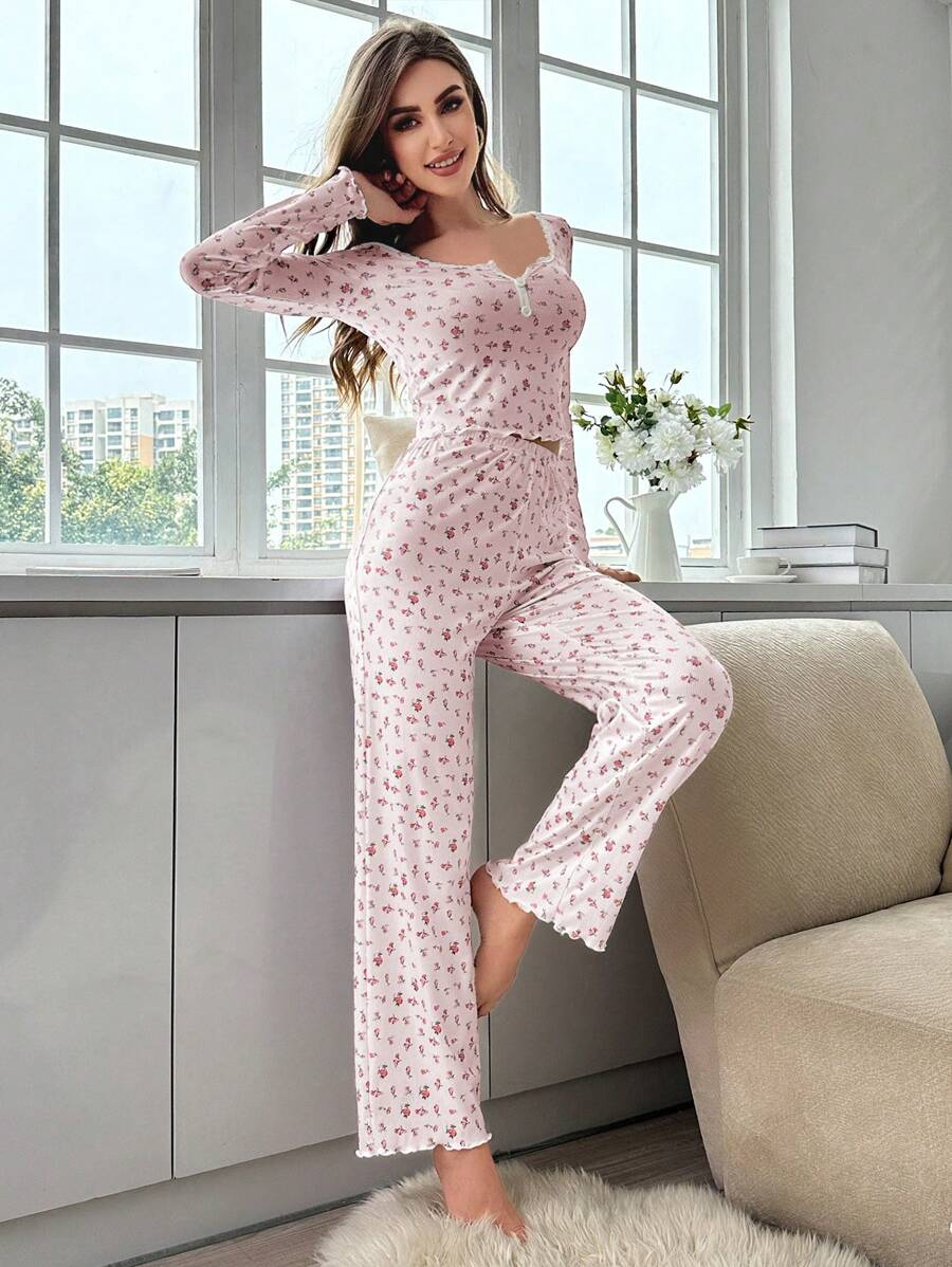 Pyjama Femme Long Pantalon + Chemisier Rosaire en Coton | CozyCloud