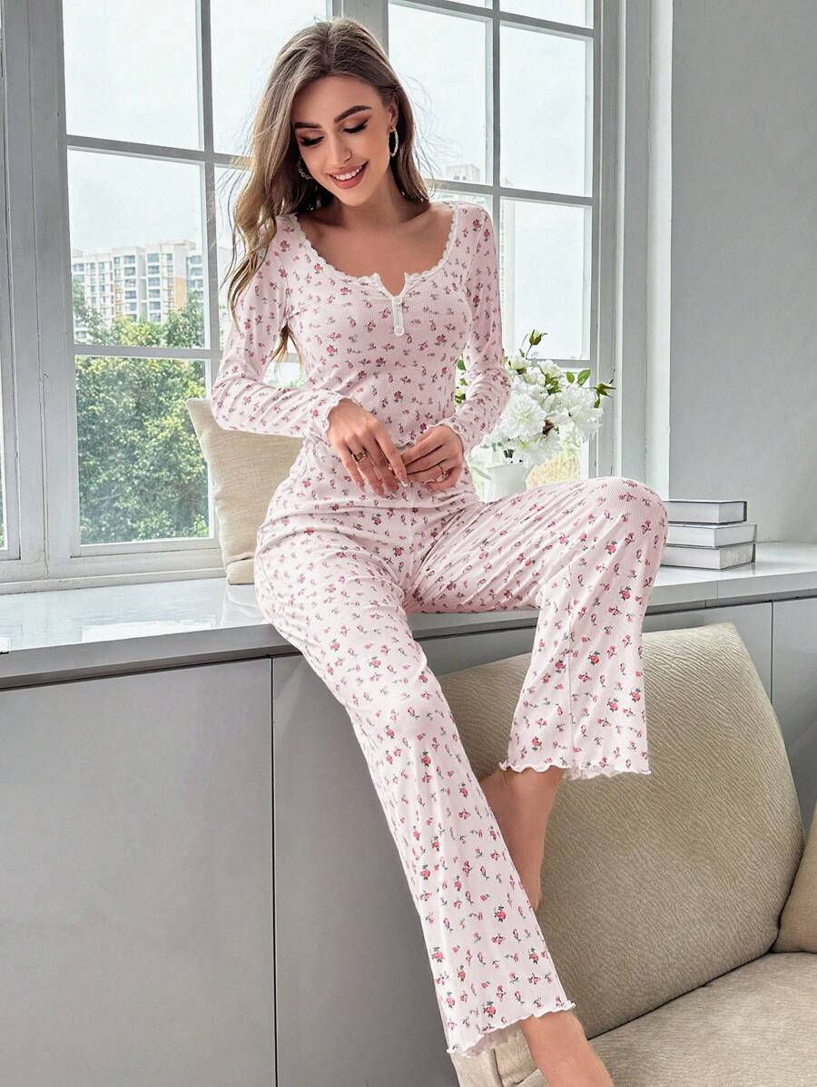 Pyjama Femme Long Pantalon + Chemisier Rosaire en Coton | CozyCloud