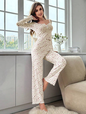 Pyjama Femme Long Pantalon + Chemisier Rosaire en Coton | CozyCloud