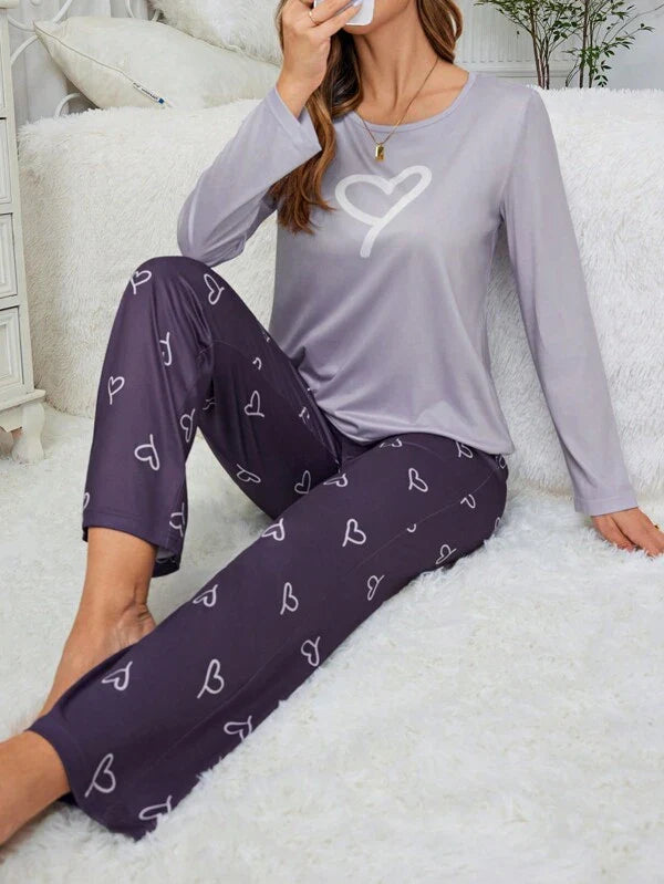 Pyjama Femme Long Pantalon + Chemisier Impression Cœurs en Coton | CozyCloud