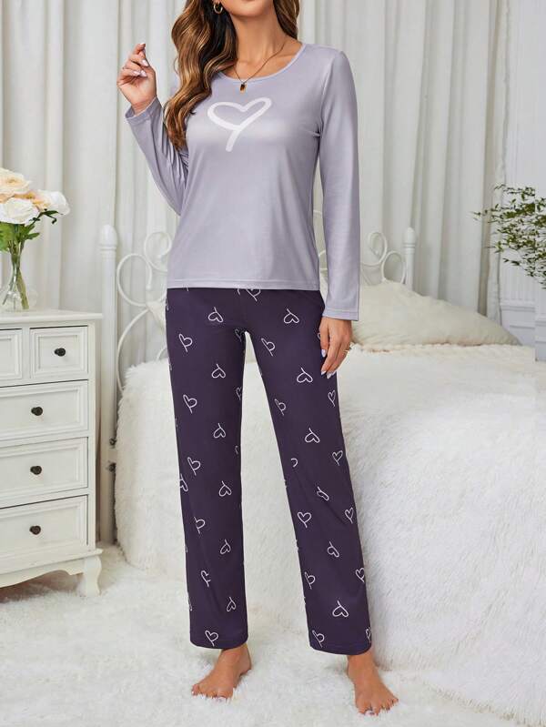 Pyjama Femme Long Pantalon + Chemisier Impression Cœurs en Coton | CozyCloud