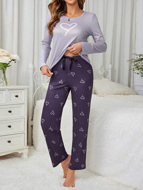 Pyjama Femme Long Pantalon + Chemisier Impression Cœurs en Coton | CozyCloud