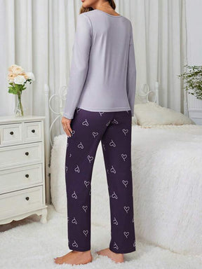 Pyjama Femme Long Pantalon + Chemisier Impression Cœurs en Coton | CozyCloud