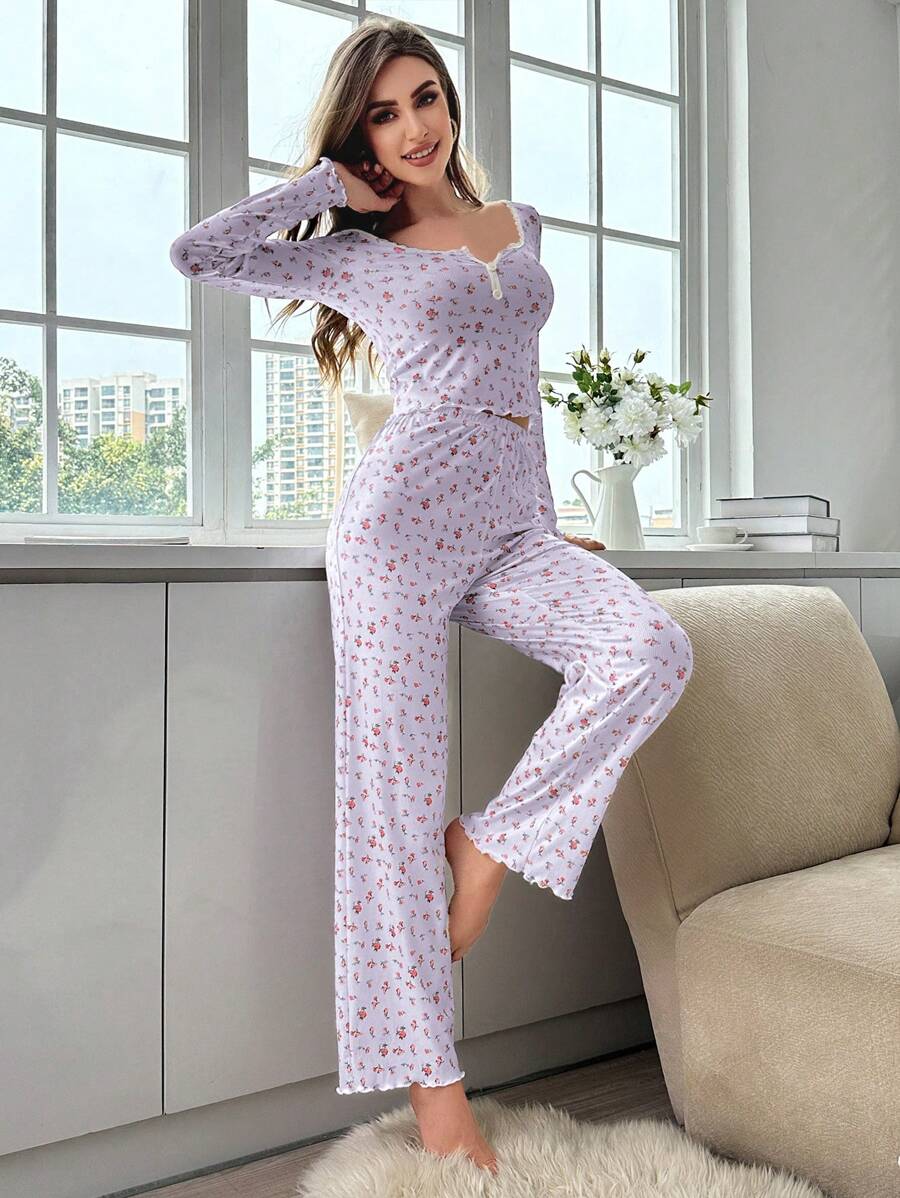 Pyjama Femme Long Pantalon + Chemisier Rosaire en Coton | CozyCloud