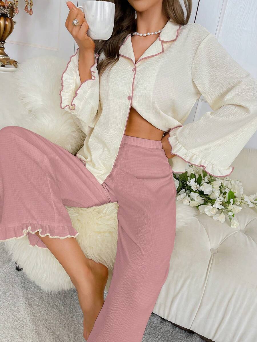 Pyjama Femme Long Pantalon + Chemisier Laitue en Coton | CozyCloud