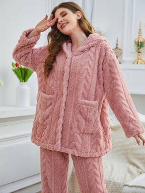 Pyjama Femme Long Pantalon + Blouse à Manches Longues avec Capuche en Peluche en Coton | CozyCloud