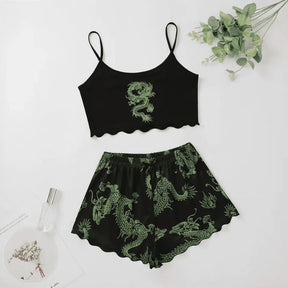 Pyjama Femme Court Shorts + Crop Top Dragons en Coton | CozyCloud