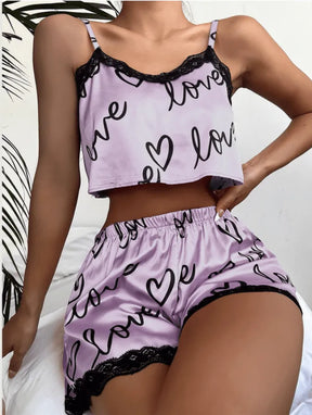 Pyjama Femme Court Shorts + Crop Top Mots en Coton | CozyCloud