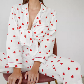 Pyjama Femme Long Pantalon + Chemise à Manches Longues CœurEnchanté en 100% Coton | CozyCloud