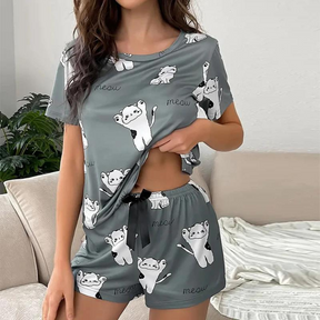 Pyjama Femme Court Shorts + Chemise à Manches Courtes Meau en LooseFit | CozyCloud