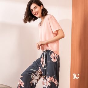 Pyjama Femme Long Pantalon + Chemise à Manches Courtes Rose en Viscose | CozyCloud