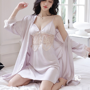 Pyjama Femme Ensemble Peignoir en Dentelle + Nuisette en Dentelle Transparent en Coton | CozyCloud