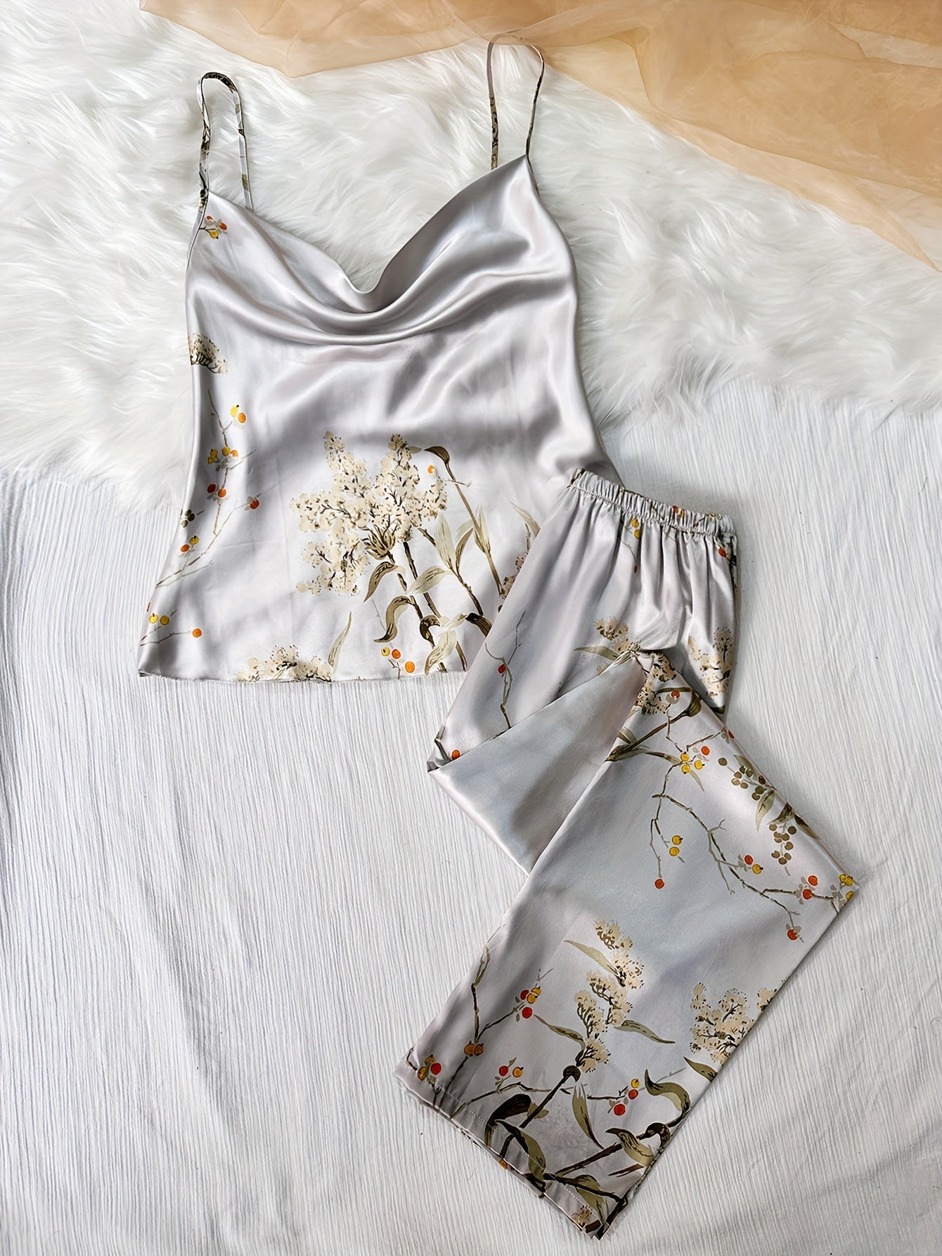 Pyjama Femme Long Pantalon + Débardeur DFleurs en Satin | CozyCloud