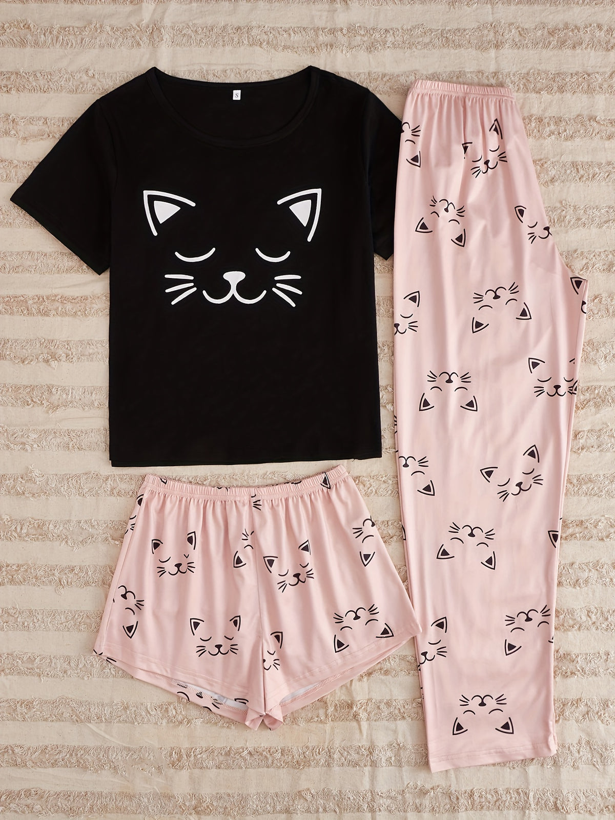 Pyjama Femme 3 Pièces Pantalon + Shorts + Chemise Manches Courtes Chatons Rose en Coton | CozyCloud