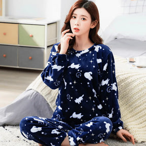 Pyjama Femme Long Pantalon + Chemise à Manches Longues en Peluche Chaleur Douillette en Coton | CozyCloud