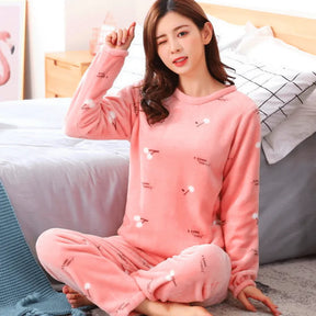 Pyjama Femme Long Pantalon + Chemise à Manches Longues en Peluche Chaleur Douillette en Coton | CozyCloud