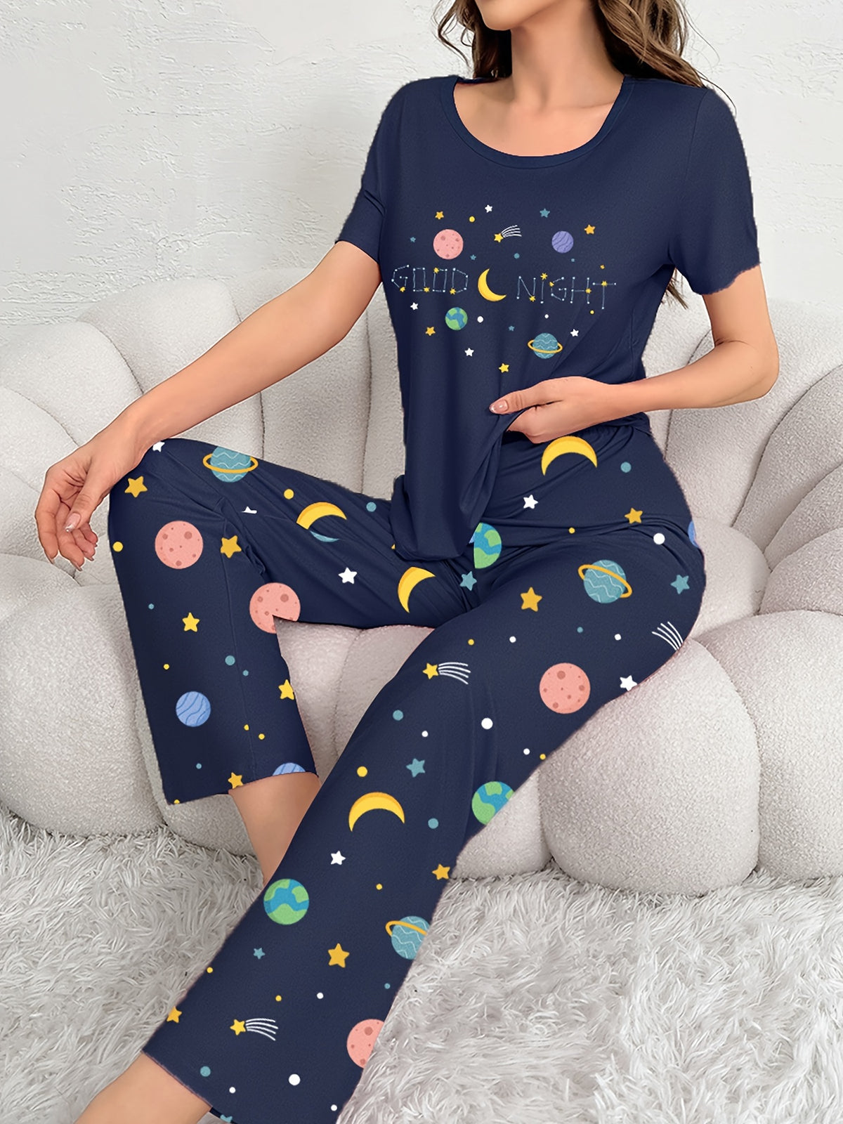 Pyjama Femme Long Pantalon + Chemise à Manches Courtes Good Night en Coton | CozyCloud