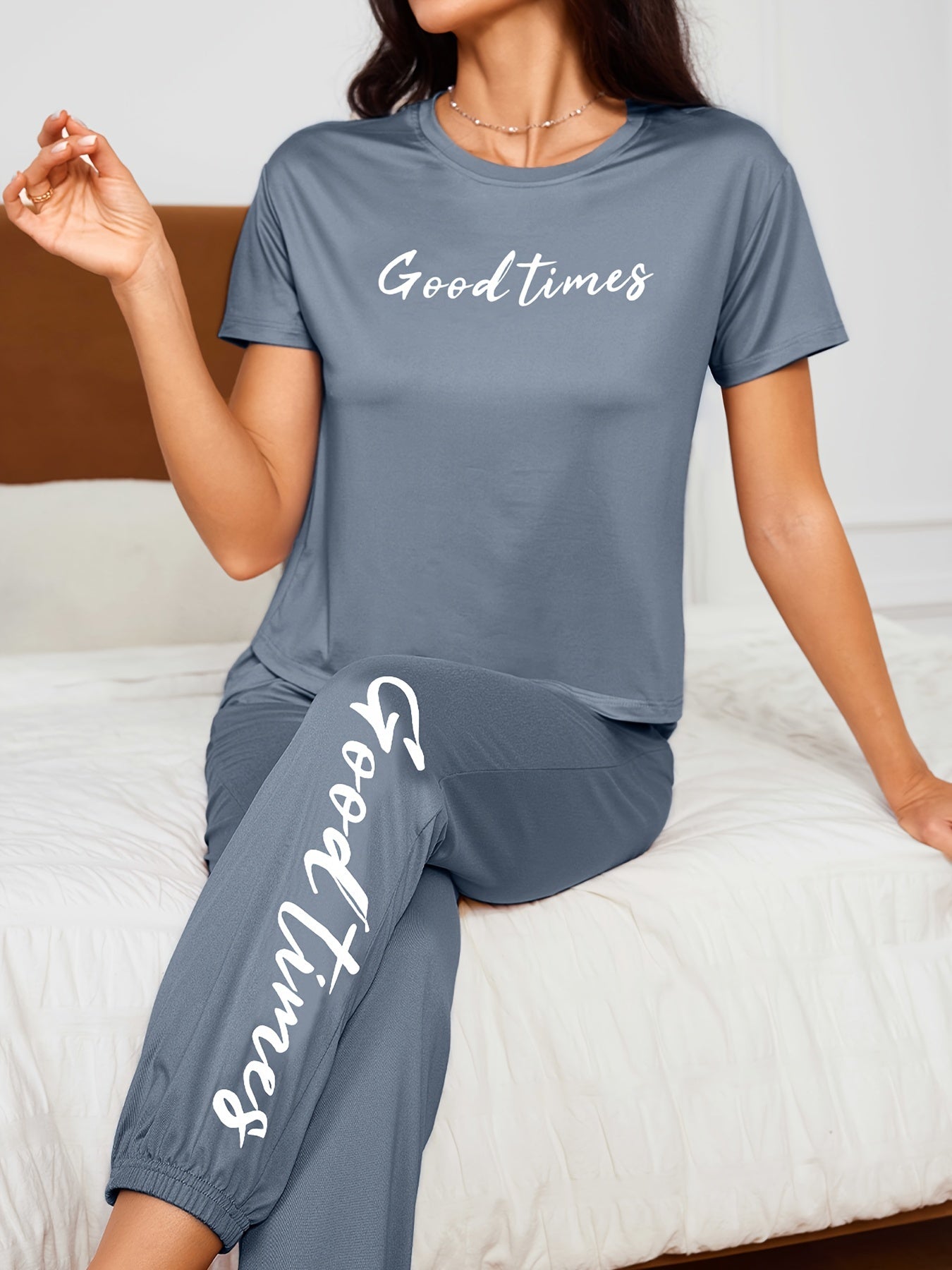 Pyjama Femme Long Pantalon + Chemise à Manches Courtes Bons Moments en Coton | CozyCloud