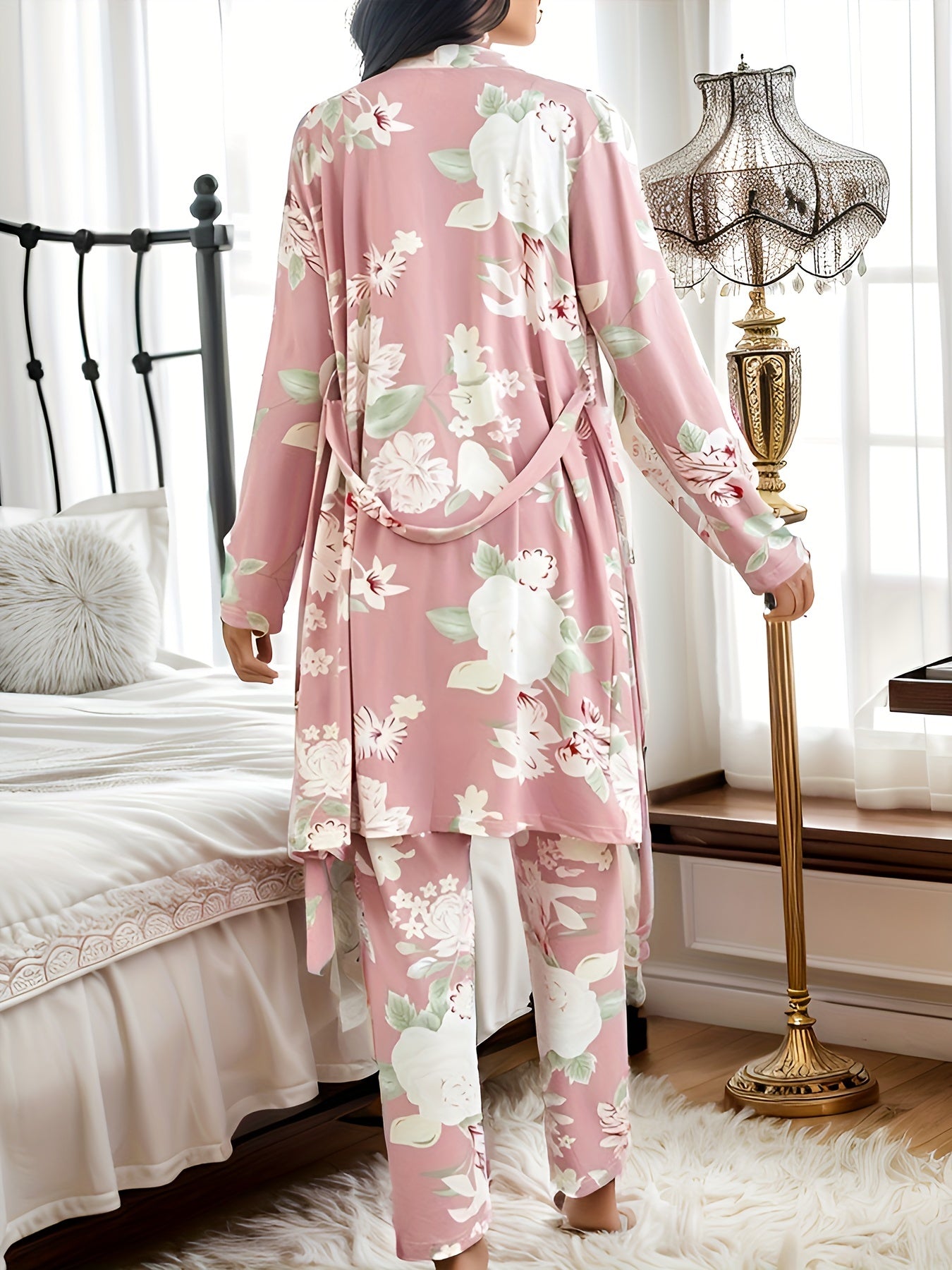 Pyjama Femme Ensemble Peignoir avec Noeud + Débardeur + Pantalon FleurBlanc F&B en Coton | CozyCloud